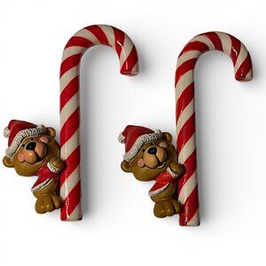 2 VTG Hallmark Bears With Candy Cane Tree Tremmer Christmas Ornaments 1978